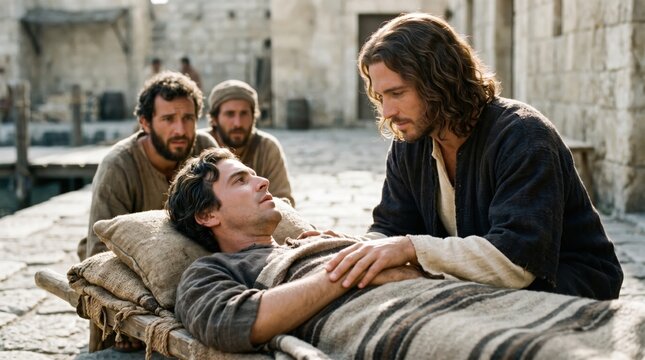 Jesus heals paralytic man lying on mat during biblical era. Religious scene depicts faith when man is forgiven and cured from sickness. Christian gospel narrative of miracle healing.