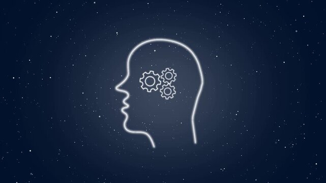 Neon glow outline of human head with gears and low storage text, depicting cognitive overload, memory issues, or artificial intelligence processing in a cosmic blue starry background loop.