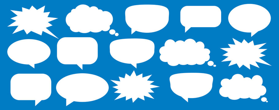 A set of chat box designs for comments on social media or comics. Vector designs of speech bubbles, text boxes, and conversation chat columns in comics.	
