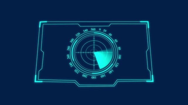 Futuristic radar screen interface with scanning beam and coordinate system glowing on dark blue background in high tech laboratory with digital motion graphics style.