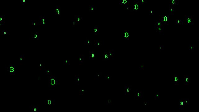 Digital bitcoin symbols falling on black background representing cryptocurrency market fluctuations in dynamic matrix style cinematic motion graphics for crypto.
