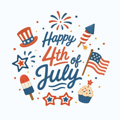 Obraz premium Happy 4th of July hand drawn typography with cute patriotic elements and American flag