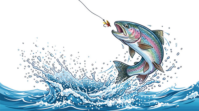 Rainbow trout jumping out of water after being caught on a fishing line with wildlife struggle adventure recreation freshwater predator creature lifestyle sporting movement striking