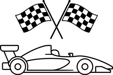 Naklejka premium Formula racing car and checkered flags line icon