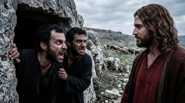 Jesus meeting two demoniac men living in tombs in Gadara. Biblical scene depicting the miracle of casting out demons into swine. Dramatic religious historical narrative reenactment.
