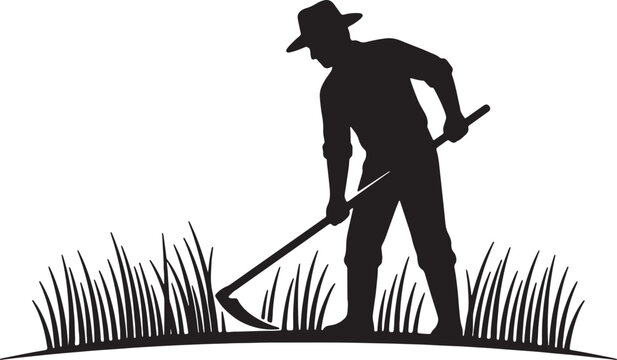 Black silhouette of farmer working with hoe in garden field on transparent background for agriculture lifestyle and vegetable cultivation concept.