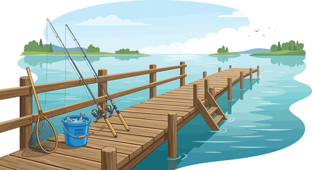 Naklejka premium Fishing rods and bucket on a wooden pier at a lake with fishing gear rod tackle trip sport equipment hobby spot angling equipmen
