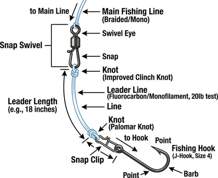 Fishing line rig diagram illustrating leader setup with hook and snap swivel fishing gear terminal tackle clinch knot palomar knot braided line j hook sport accessory