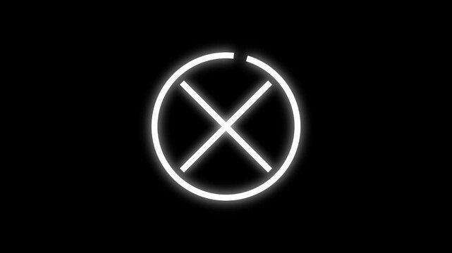 Cyber-style red neon close icon animation with bright circular border and glowing cross. Perfect for futuristic interfaces and digital alerts.