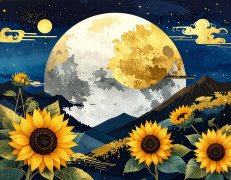 Sunflower ひまわり 366 Sunflowers and Large Full Moon with Mountains on Dark Blue Japanese Paper Background（濃紺の和紙背景に描かれたひまわりと山並み、そして大きな満月）