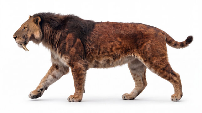 Smilodon populator walking in lateral view, full body prehistoric saber-toothed cat moving naturally in a clear side-profile locomotion pose on white background