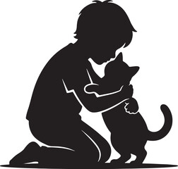 Child silhouette on transparent background, little boy hugging cat, domestic pets vector drawing, pet care concept, animal love.