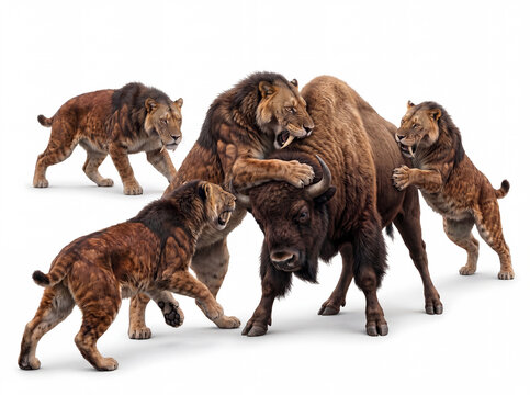 Smilodon populator group attacking a bison, several prehistoric saber-toothed cats surrounding and attacking a large bison in a coordinated predatory hunting scene on white background