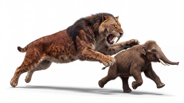 Smilodon populator attacking a woolly mammoth calf, prehistoric saber-toothed cat pouncing on a young mammoth in a dynamic predatory hunting scene on white background