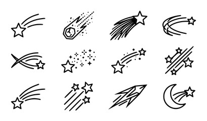 Black and white shooting star symbols with comet trail icons editable vector collection © MD. Moniruzzaman