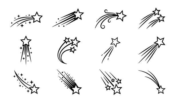 Black and white celestial star symbol pack with shooting rising and falling stars vector illustration