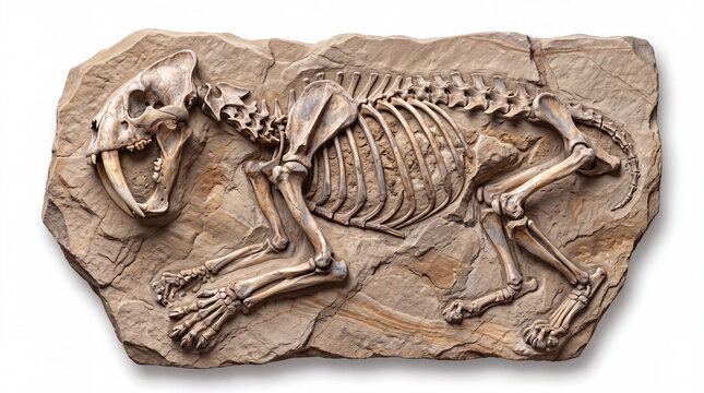Smilodon populator fossil embedded in rock, detailed preserved fossil remains of the prehistoric saber-toothed cat within sedimentary stone on white background