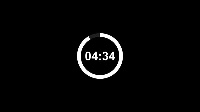 Five minute countdown animation on a transparent background, 4k animation video.