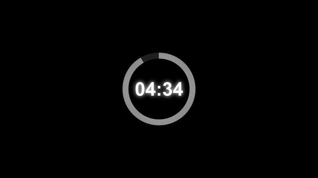 Five minute countdown animation on a transparent background, 4k animation video.