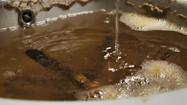 Water flows into a dirty brown sink with a clogged drain and pipe