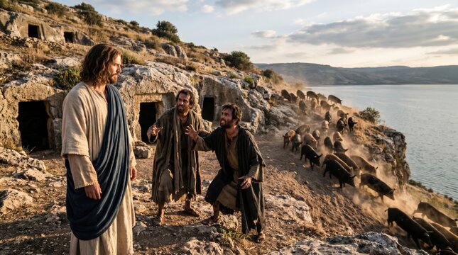 Jesus encounters two demon possessed men by the tombs. Biblical scene showing deliverance and the herd of swine running into the sea. Cinematic representation of Matthew chapter eight.