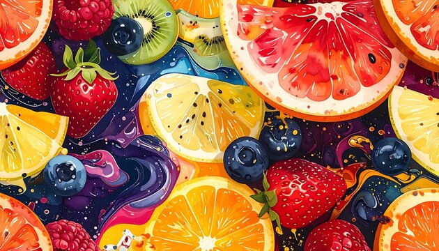 A dazzling and vibrant mosaic of juicy, fresh fruits, including zesty citrus, sweet berries, and exotic kiwi, creating an artistic and colorful splash of natural goodness and healthy delight