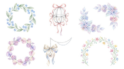 Fototapeta premium Watercolor baptism floral wreaths and delicate ornaments frame set