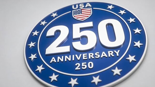 Rotating blue medallion at studio, responding to camera light shifts, showing 250 with USA shield