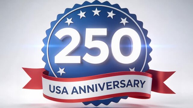 Appearing blue badge in studio, USA ANNIVERSARY ribbon settling, lens flare glinting, marking 250th