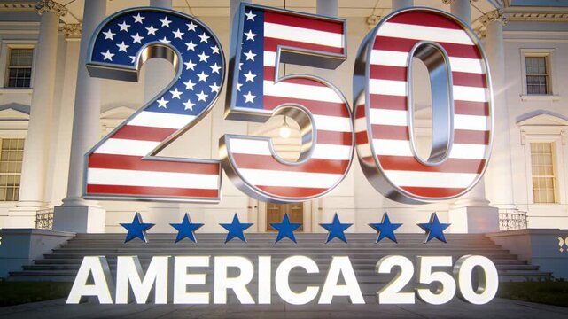 Appearing lens flare passing through 5, lighting chrome 250 logo before facade showing AMERICA 250