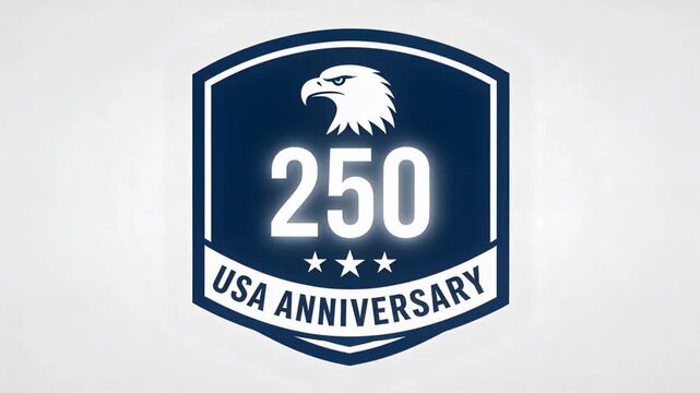 Appearing navy-shield eagle glowing behind 250 on gray backdrop flaring sparkling marking USA-ANNIV