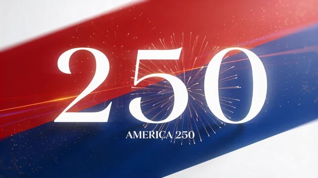Animating centered 250 with AMERICA 250 at ribbon backdrop, fireworks starting behind 5