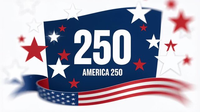 Appearing navy 250 AMERICA 250 emblem on white card, ribbon waving and stars sparkling, celebrating