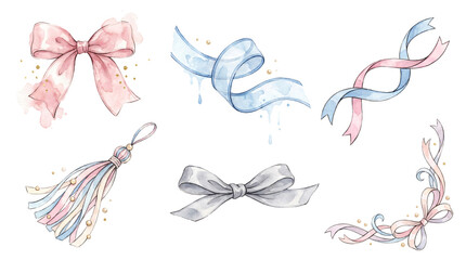 Obraz premium Watercolor baptism ribbon bows and tassels pastel collection
