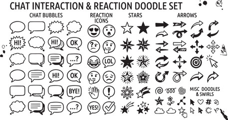 Fototapeta premium Chat Bubble Reaction Icons Stars And Arrows Doodle Set Vector Illustration
