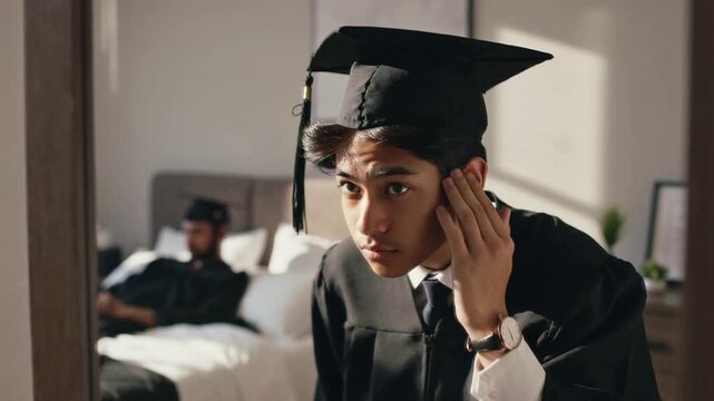 Checking mirror, student in gown adjusting cap and fixing hair in bedroom before ceremony, phone