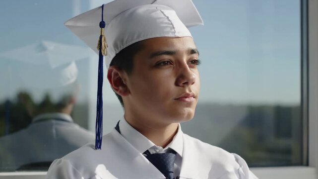 Gazing graduate at school window, thinking about future, in white gown and cap with blue tassel