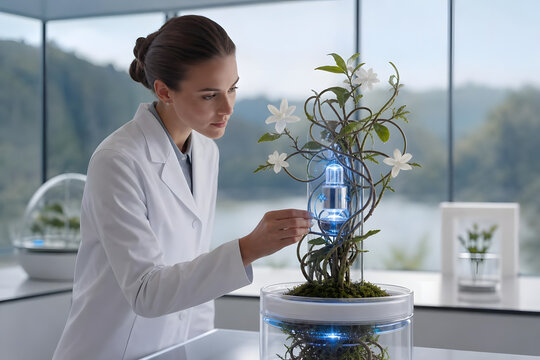 Scientist examining device integrated into living plant in moder