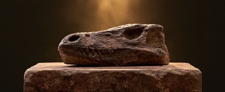 In a softly lit exhibit, an ancient reptile skull fossil rests on a worn stone base, evoking scientific wonder.