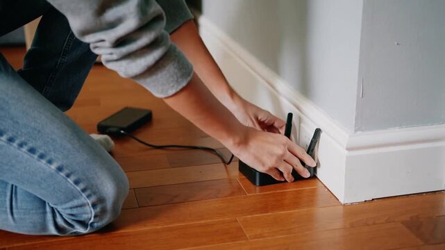 Unpacking box, kneeling woman in hoodie plugging router into outlet at home aligning antennas up