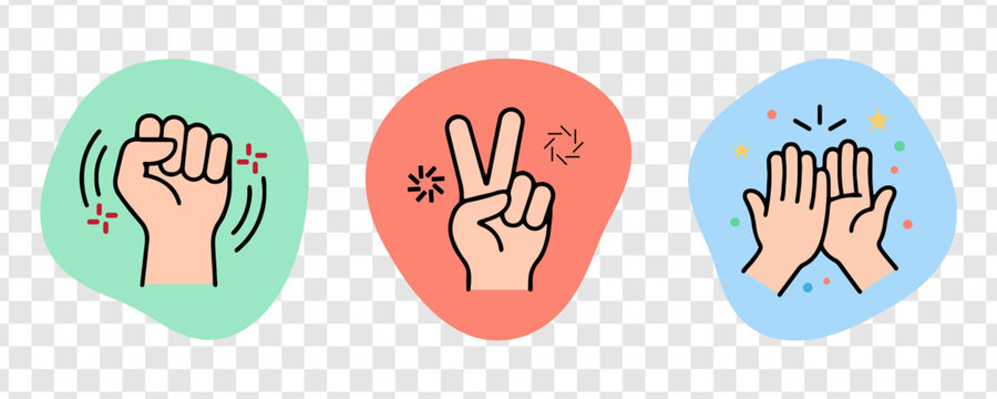 Hand Gesture Icons With Sparkles Colorful Vector Illustration On Transparent Background