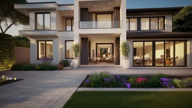 Modern luxury residential villa exterior at sunset captured in this smooth architectural motion video clip animation
