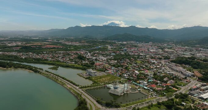 Mosque Bandaraya Kota and panorama of the city. Kinabalu. Sabah, Borneo. Malaysia.