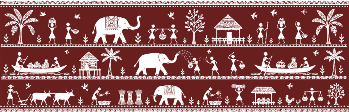 Traditional Warli-inspired tribal border pattern featuring village life, elephants, farmers, dancers, huts, trees, and folk motifs in a decorative horizontal ethnic composition.