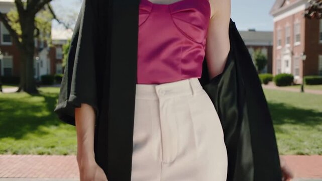 Turning student in grad gown and pink camisole adjusting trousers, camera moving closer on campus