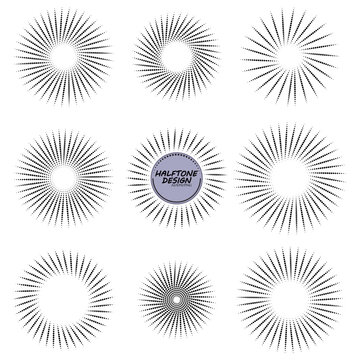 Abstract Sunburst Burst Rays Set Isolated on White Background, Radial Halftone Design Collection