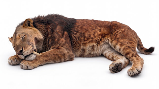 Smilodon populator sleeping, prehistoric saber-toothed cat lying peacefully in a relaxed resting posture on white background