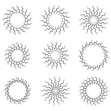 Abstract Wavy Sunburst Vector Set Isolated on White Background, Radial Spiral Burst Collection