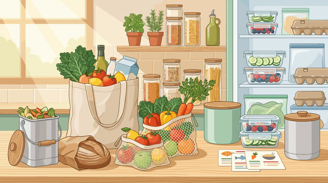 An organized kitchen counter featuring a canvas tote with fresh produce, reusable mesh bags, a compost bin, and glass containers in a refrigerator. Ideal for eco-friendly living concepts.