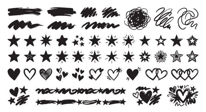 Grunge Doodle Stars Hearts And Brush Marks Vector Silhouette